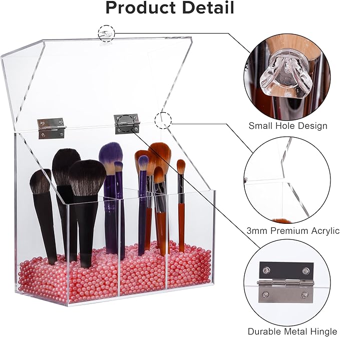 Acrylic Makeup Brush Holder with Lid - Clear Cosmetic Make up Brush Organizer and Storage Box with Dustproof Cover for Vanity - Large Capacity 3-Slots Container for Brushes (White)