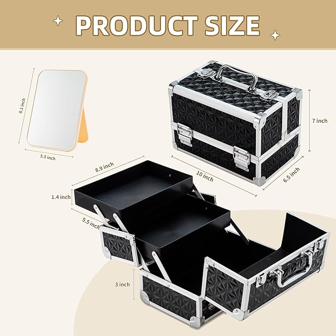 Leeora&Leekoo Makeup Train Case Cosmetic Box Portable Makeup Case Organizer 2 Trays Makeup Storage with Mirror for Cosmetologist Aesthetic Supplies Nail Tech Traveling Makeup Box (Black)