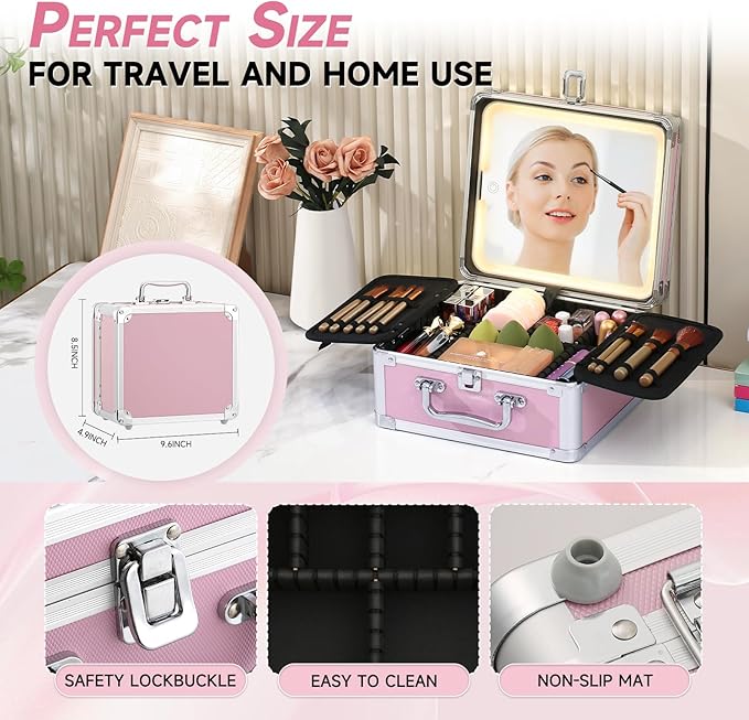 Leeora&Leekoo Makeup Box with LED Mirror & Aluminum Frame, Compact Multi-Layer Cosmetic Organizer - Portable ABS Travel Train Case for Makeup Storage(Gift for Girlfriend/Daughter) (Pink1)