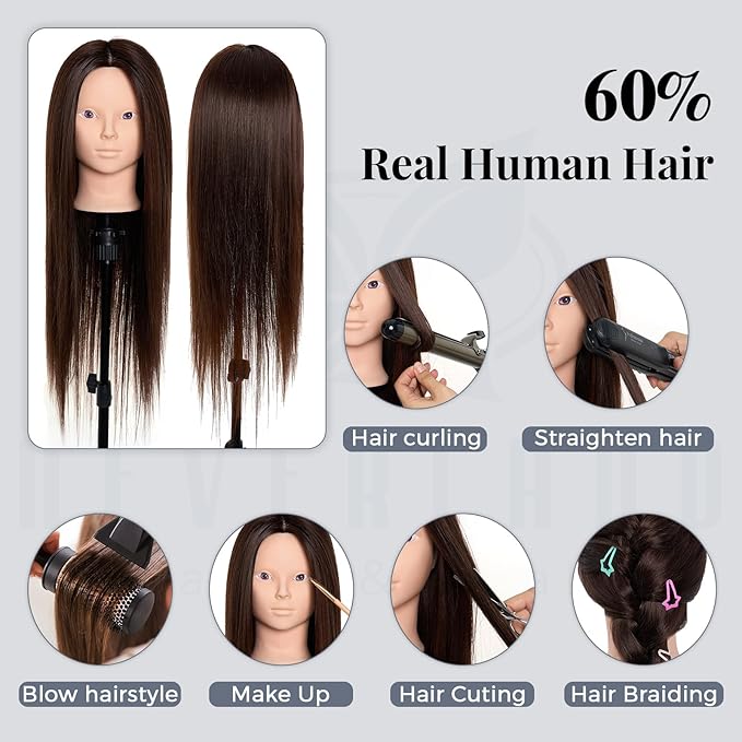 28 Inch Mannequin Head 60% Real Hair with Tripod Stand,Make up Cosmetology Manikin Practice Doll Head with Hair,Braiding Hairdressing Head for Hair Styling with Table Clamp + DIY Hair Styling Set #4