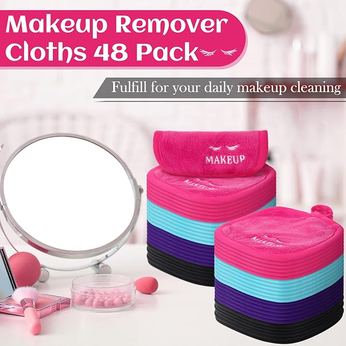 Queekay 48 Pcs Makeup Remover Cloths Reusable Washable Remover Pads Soft Microfiber Washcloths Facial Cloths Makeup Towels Holiday Gift for Women, 5 x 5 Inch(Black, Blue, Purple, Rose Red)