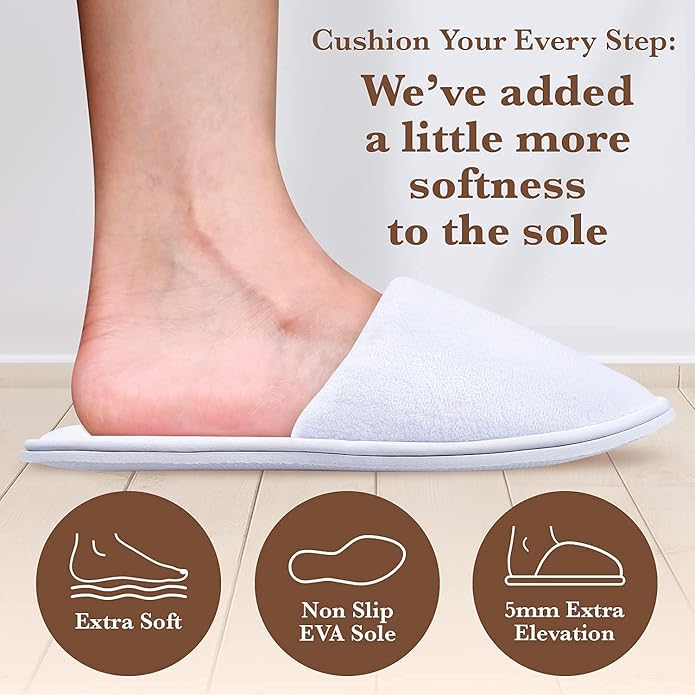 Spa Slippers, Disposable Slippers for Guests Bulk of 6 Pairs - Non-Slip Closed-Toe Premium White Spa Slippers Bulk with Travel Bags - Coral Fleece Hotel Slippers for Women and Men