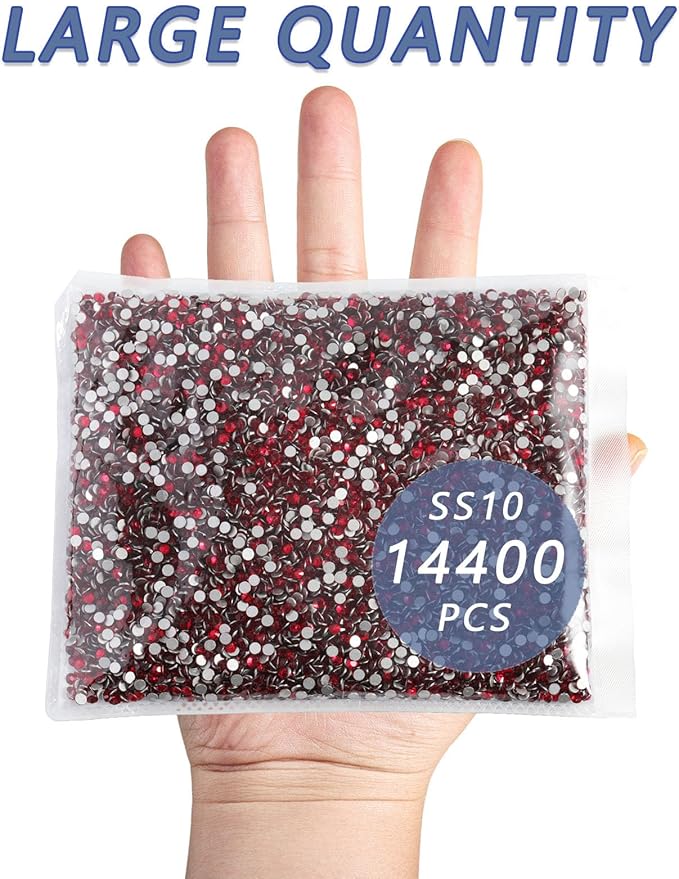 Beadsland Flatback Rhinestones Bulk, 14400pcs Red Rhinestones for Nails Crafts Clothes DIY Decoration, Siam, SS10, 2.7-2.9mm
