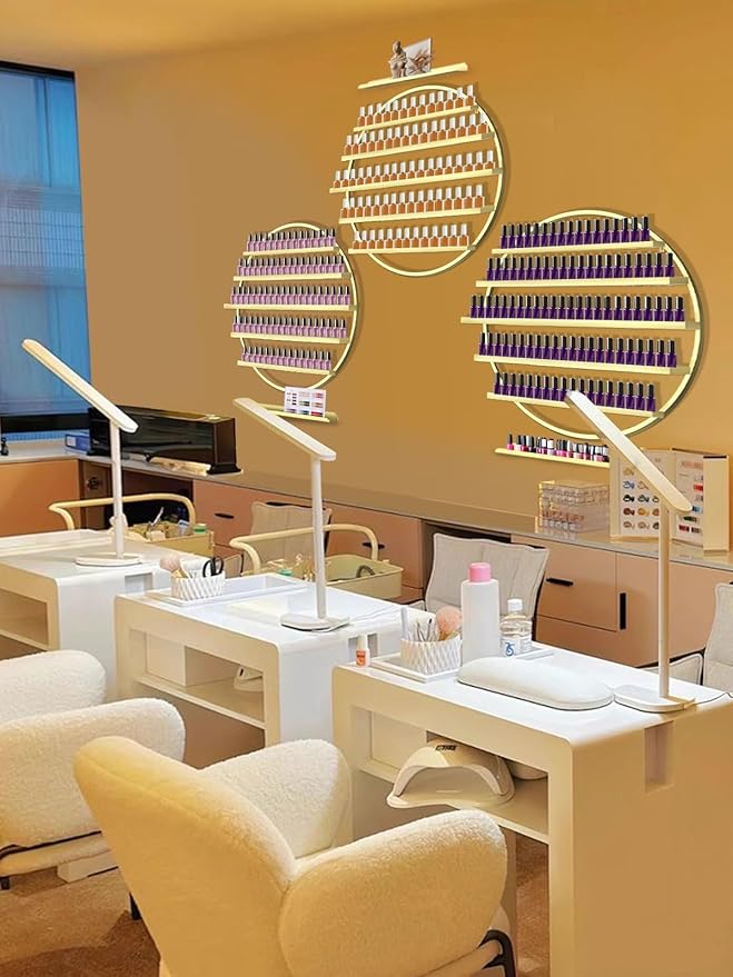 EBANKU 6PCS Metal Wall-mounted Nail Polish Storage Racks, 5 Tiers Round Display Rack Cosmetic Display Case Lipstick Perfume Wall Shelf Essential Oil Organizer for Home Spa Nail Salon Shop