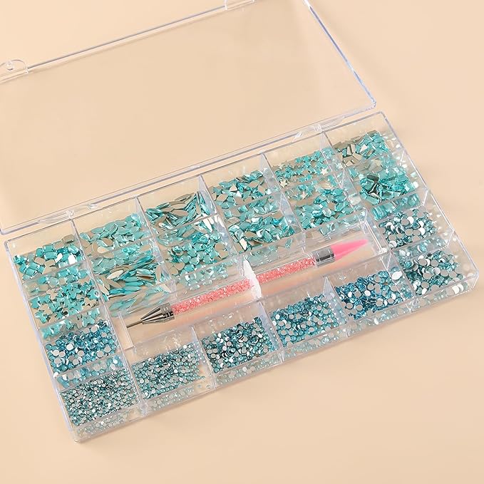 Nail Art Rhinestones 12 Kinds of 600 PCS + 6600 Pieces Flat Back Rhinestones Mixed Different Size Flat Back Rhinestones Crystals 3D Decoration Flat Back Stones Gemstone Set for Nail Art DIY（lake blue）