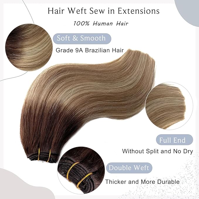 Sew in Hair Extensions Real Human Hair, 18 Inch Weft Hair Extensions Human Hair Bundles 100G Ombre Brown Balayage Blonde Hand-Tied Weft Hair Extensions Weave Bundles Human Hair Extensions for Women