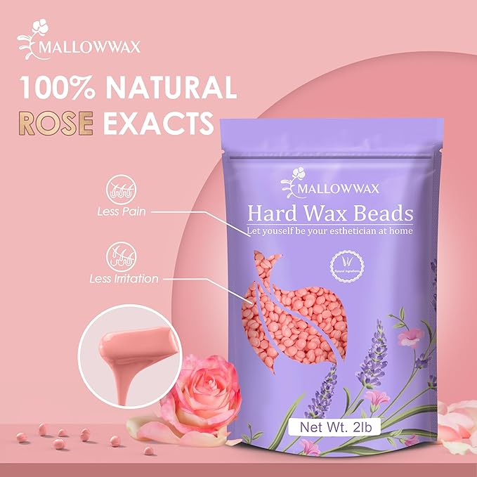 Hard Wax Beads for Hair Removal, 2LB – Premium Hair Removal Wax Refill for Sensitive Skin with Rose Formula, Ideal for Facial and Brazilian Areas