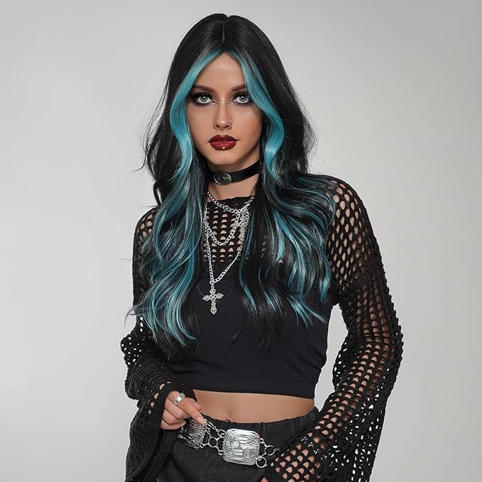 Black Teal Blue Highlight Long Wavy Wig with Curtain bang 26 Inch Ombre Teal Blue Black wig Synthetic Heat Resistant Wig for Women Daily Party used.