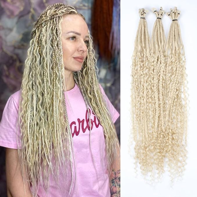 24 In 30 Strands Boho Braid Dreadlock Extensions, 613 Blonde Synthetic Curly Dreads Extensions with Box Braid, 100% Handmade Dreads Hippie Style Dreadlocks for Woman