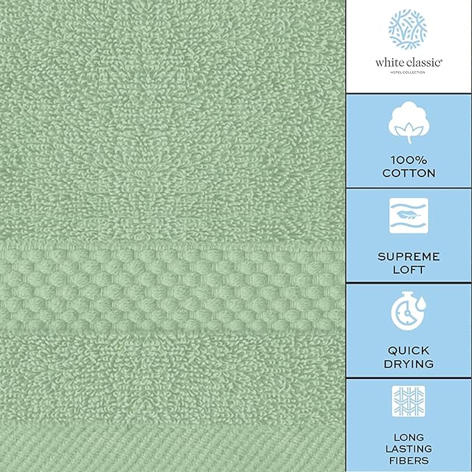 White Classic Luxury Washcloths for Bathroom-Hotel-Spa-Kitchen-Set - Circlet Egyptian Cotton - Highly Absorbent Hotel Quality Face Towels - Bulk Set of 12-13x13 Inch (Lt Green)