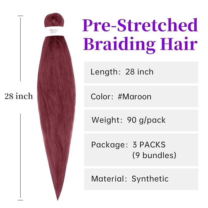 BNG 3X Pre-Stretched Braiding Hair, 28" Professional Itch Free Synthetic Fiber Braids Hair Extensions for Easy Braid, 3 PACKS (9 bundles), (#Maroon)