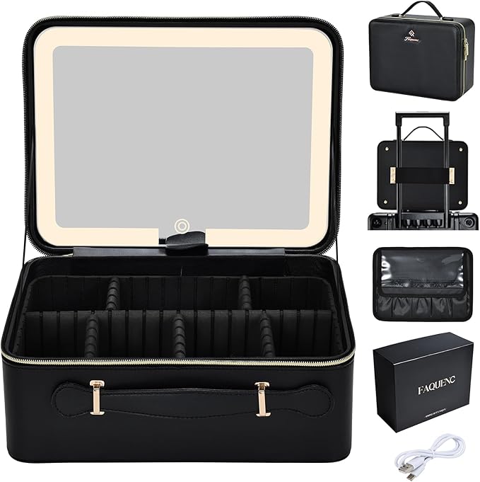 11.4 Inch Extra Large Makeup Bag with LED Lighted Mirror Leather Cosmetic Train Case Light up Mirror Portable Makeup Artist Storage Bag with Dividers Makeup Brush Holder Vanity Black