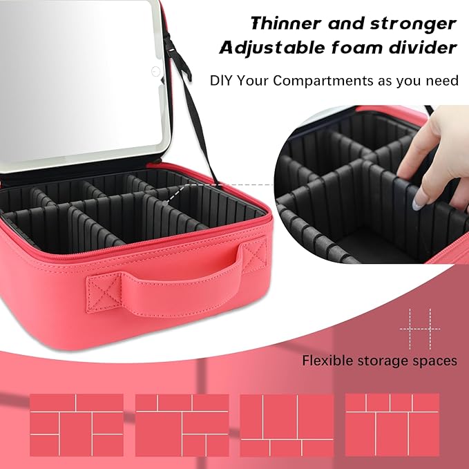 Travel Makeup Bag with LED Lighted Mirror,Cosmetics Organizer, Makeup Bag with 3 Color Lighted Setting, Portable Storage and Adjustable Dividers Travel Makeup Bag(light red)