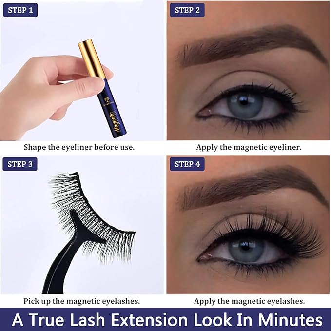 3D Magnetic Eyelashes with Eyeliner, Cat-Eye Magnetic Lashes Natural Looking with 4 Tubes of Liner,Upgraded Waterproof, Long Lasting,10 Pairs Reusable False Eyelashes,