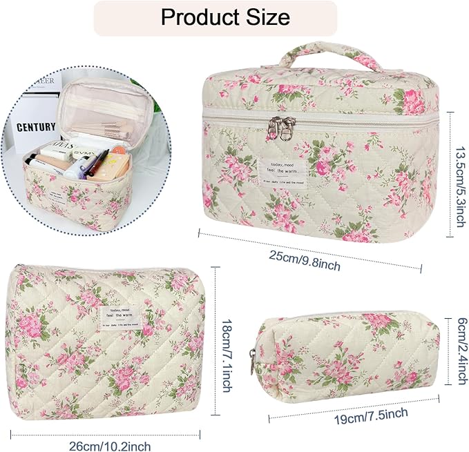 3Pcs Cotton Quilted Makeup Bag for Women Girls, Large Floral Cosmetic Bag Set Cute Makeup Brushes Aesthetic Accessories Storage Bag Pink Flower Travel Toiletry Bag Organizer