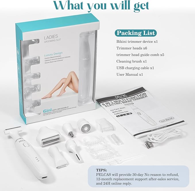 PELCAS Bikini Trimmer for Women Kit 6 in 1 Electric Shaver, Cordless Razors, Nose Hair Trimmer, Shaver for Women & Men Pubic Hair, Private Area, Legs, Face, Nose, Eyebrow, Body Hair Removal