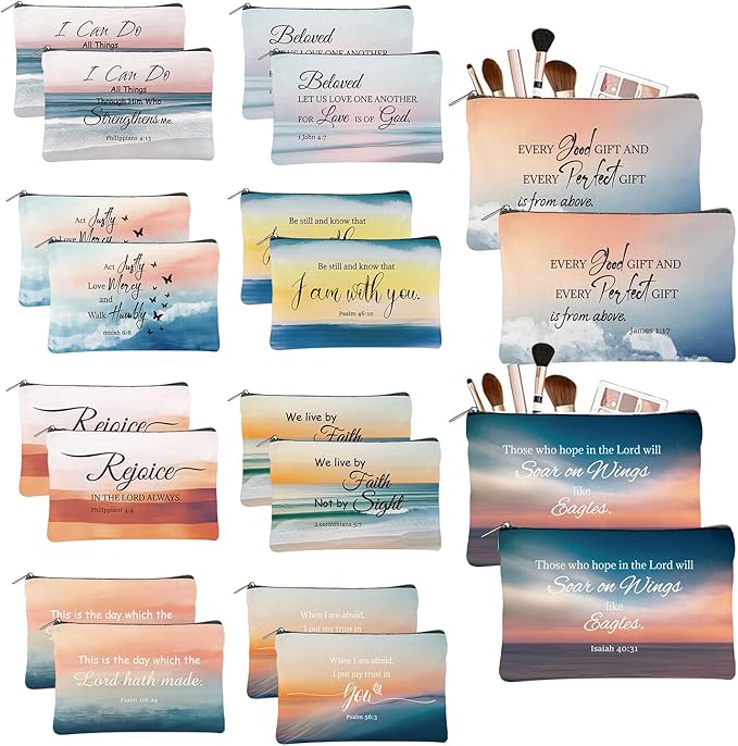 20PCS Christian Inspirational Cosmetic Bags for Women Religious Makeup Bags Bulk Christian Gifts for Women Bible Verse Canvas Zipper Pouch for Mother's Day Sister Employee Gifts(Scenery)