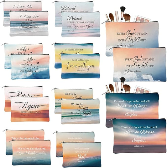 20PCS Christian Inspirational Cosmetic Bags for Women Religious Makeup Bags Bulk Christian Gifts for Women Bible Verse Canvas Zipper Pouch for Mother's Day Sister Employee Gifts(Scenery)