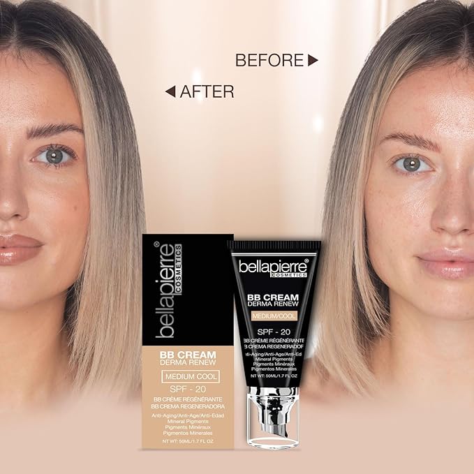 bellapierre BB Cream with SPF 20 - Tinted Sunscreen, Concealer, Matte Foundation, & Moisturizing Face Cream | Lightweight Formula + Pump Top Applicator | Paraben Free | 1.7 Oz - Medium Cool