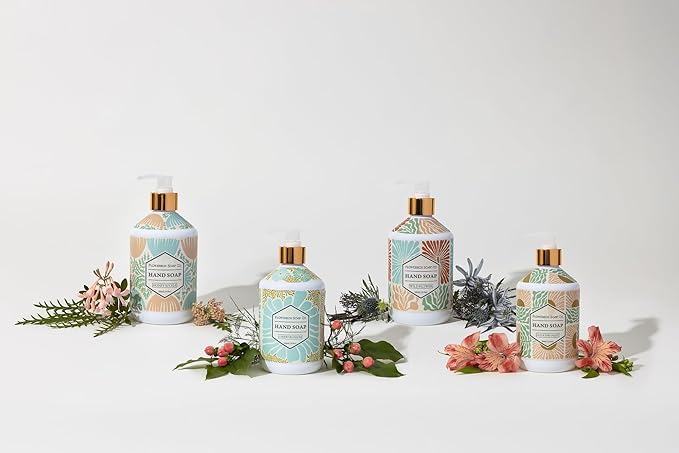 FlowerBox Liquid Hand Soap Set –Beautiful Pack of 4 Scented Pump Soaps –Bathroom & Kitchen Luxury Decorative 500ml Italian Mosaic Bottles–Meyers Refillable Dispensers–Works for Bath and Body Wash Gift