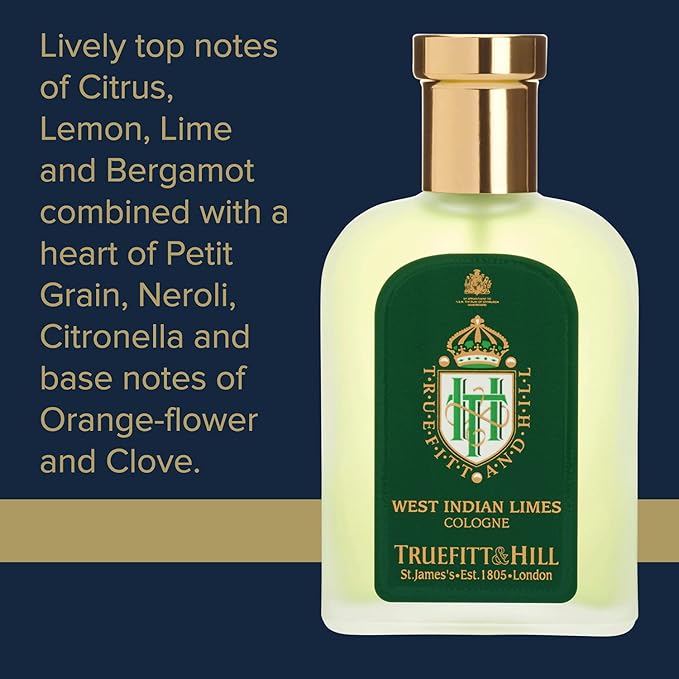 Truefitt & Hill Luxury Cologne - West Indian Limes - Premium Long-Lasting Citrus and Clove Men's Fragrance Presented in a Beautifully Etched Traditional Atomizer Bottle - 3.38 oz