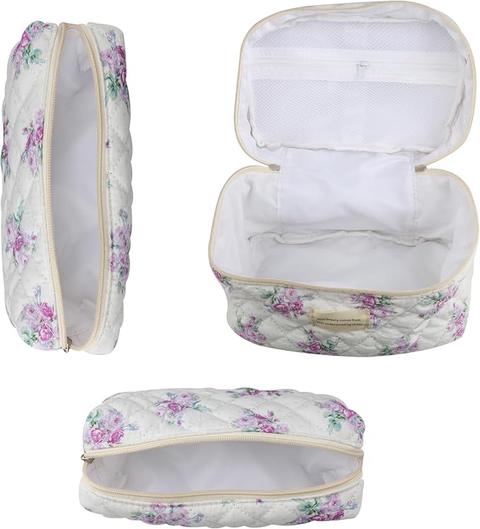 Dual Layer Cute Makeup Bag for Women(3 Pcs), Quilted Floral Coquette Aesthetic Make up Bags, Travel Cosmetic Bags Toiletry Organizer Bag(Purple Grass)