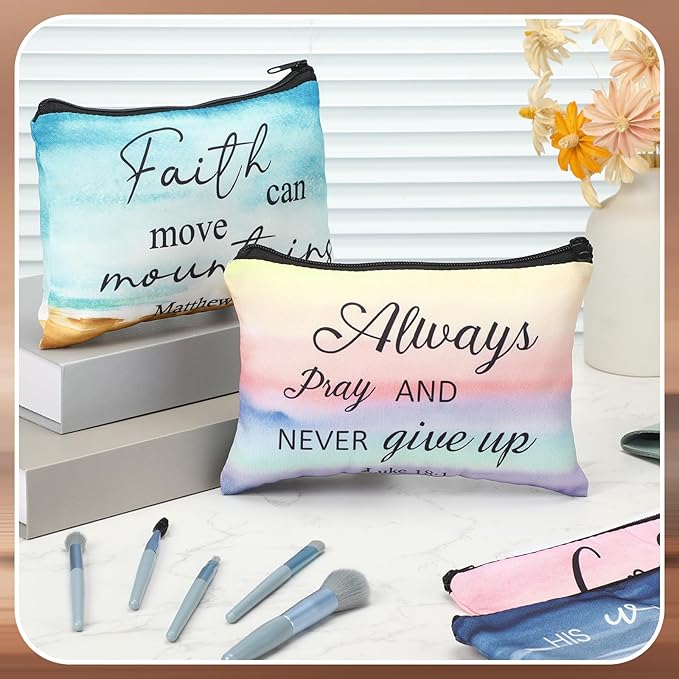 Pinkunn 16 Pcs Canvas Cosmetic Bag Bulk Inspirational Quotes Makeup Bags with Zipper Encouragement Travel Toiletry Pouch Appreciation Gift for Christmas Teacher Birthday Graduation(Bible Landscape)