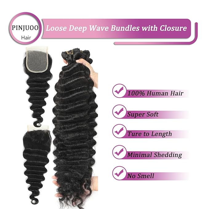 Loose Deep Wave Bundles with Closure 12 14 16+10 Inch 100% Unprocessed Virgin Brazilian Hair Bundles Wavy 3 Bundles and 4X4 HD Lace Closure Natural Color Hair Bundles with Closure