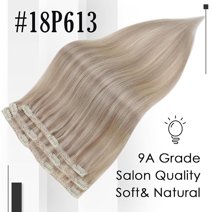 Full Shine Clip in Hair Extensions Real Human Hair Ash Blonde Highlight Invisible Clip in Hair Extensions for Women Hairpiece Blonde Extensions Clip ins 3 Pcs 12 Inch 60 G
