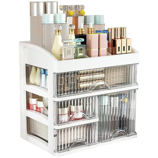Large Makeup Organizer for Counter With 4 Drawers Cosmetic Organizer Countertop Make up Organizers for Vanity White Makeup Skincare organizers Storage Box