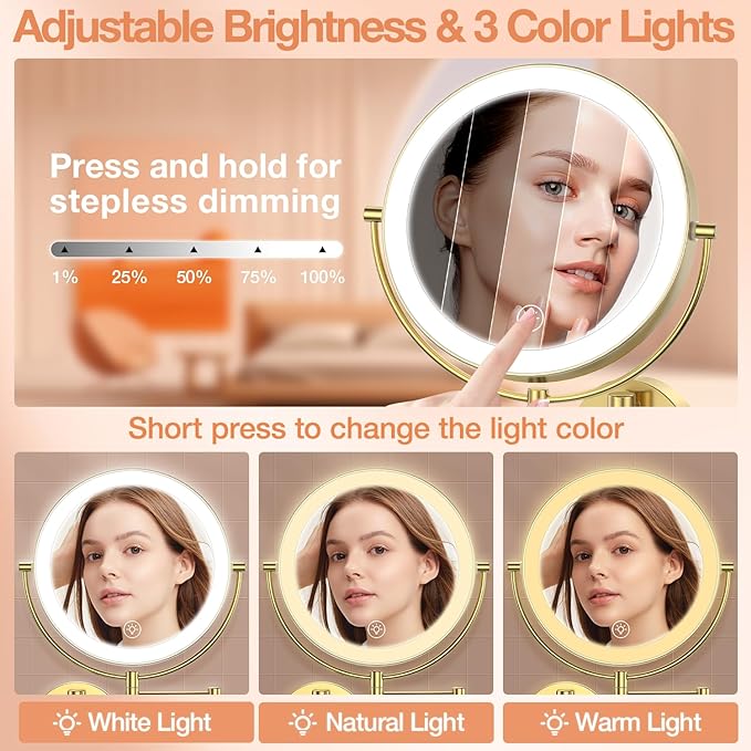 Benbilry 9" Large Size Wall Mounted Lighted Makeup Vanity Mirror, 1X/10X Magnifying Double-Sided AC Powered Bathroom Mirror with 3 Color Lights, Touch Dimmable, Extended Arm 360 Rotation, Gold