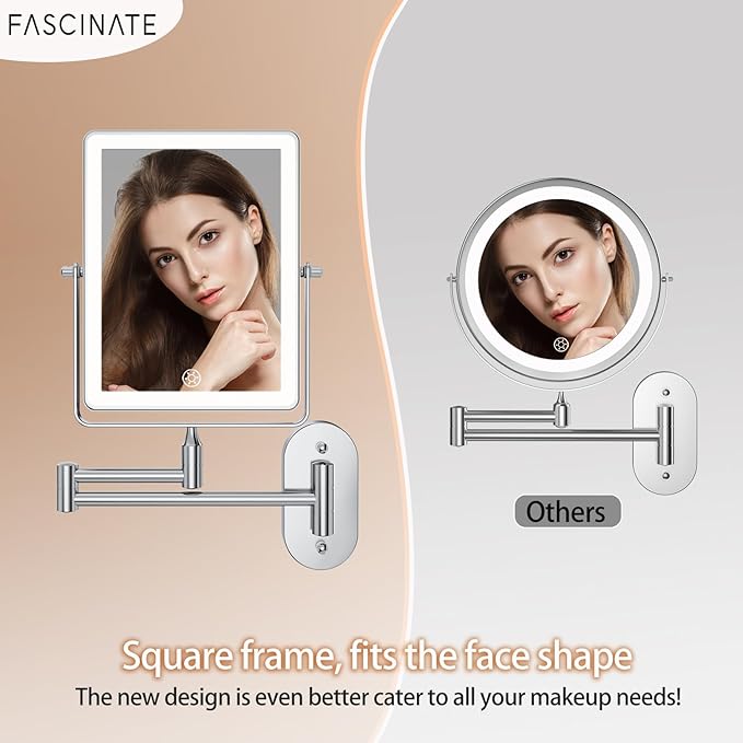 FASCINATE Rechargeable Wall Mounted Makeup Mirror, Bathroom Mirror Rectangle 8.7 Inch Double Sided 1X 10X Magnifying, 3 Color Setting, Extended Arm 360° Swivel Foldable Chrome