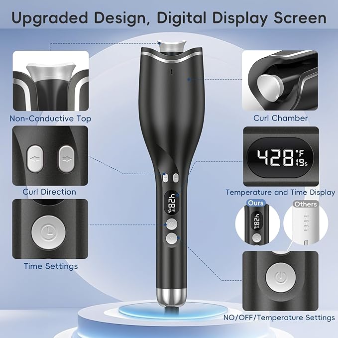 Automatic Hair Curler Auto Rotating Curling Iron with 4 Temps & 8 Timers(12s-19s), LCD Display, 1" Barrel | Dual Voltage Fast Heating, Anti-Scald & Auto Off for Home Salon & Travel Use(Black)