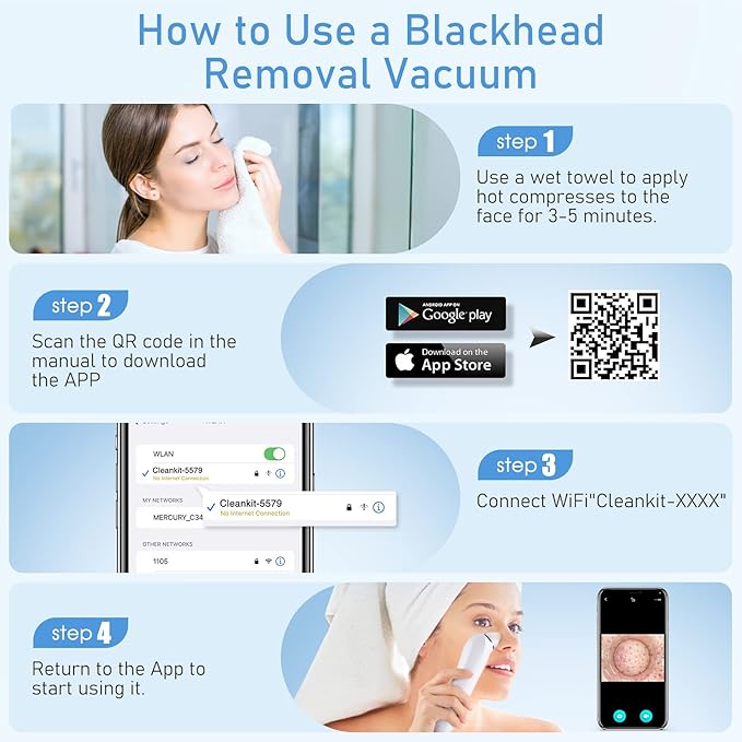 Blackhead Removal Vacuum with HD Camera, 6 Suction Heads & 3 Adjustable Settings, USB Rechargeable Pore Cleaner for Men and Women(Sky Blue)