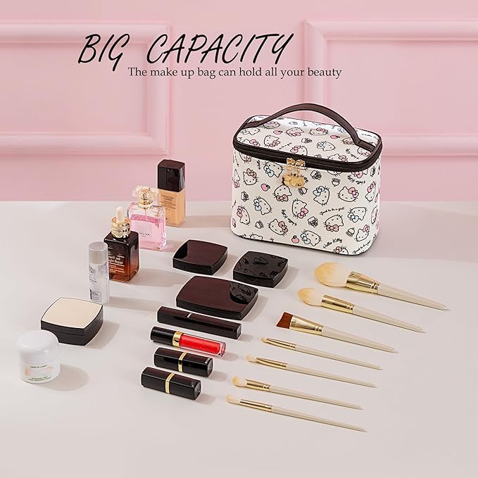 AmBealla Cosmetic Bag Large Makeup Bag Makeup Travel Case with Brush Holder, Canvas Organizer for Women, Toiletry Bag for Skincare & Beauty Tools Sweet Cute for Girls