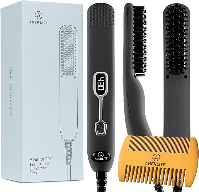 Aberlite EDC - Premium Beard Straightener Brush - Professional Heated Straightening Comb and Grooming Kit for Men (Gray)