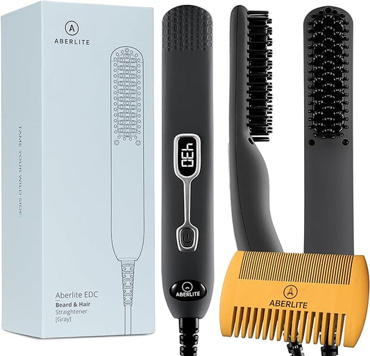 Aberlite EDC - Premium Beard Straightener Brush - Professional Heated Straightening Comb and Grooming Kit for Men (Gray)