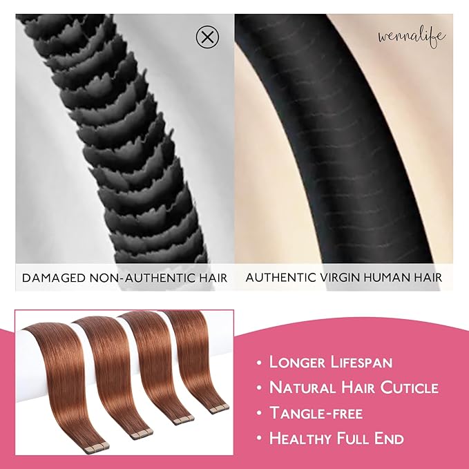 WENNALIFE Tape in Hair Extensions Human Hair Dark Auburn Copper Tape in Extensions, 10pcs 20g 10 inch Remy Invisible Tape Ins Straight Colored Soft Real Human Hair Tape in Extensions Refill Set Extens