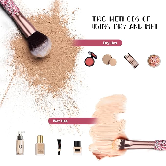 Makeup Brushes Bling Crystal Professional Face Cosmetics Blending Liquid Foundation Powder Concealer Eye Shadows Make Up Beauty Tool Glitter with Pouch Bag Kit Purely Handmade (12PCS) (Pink)