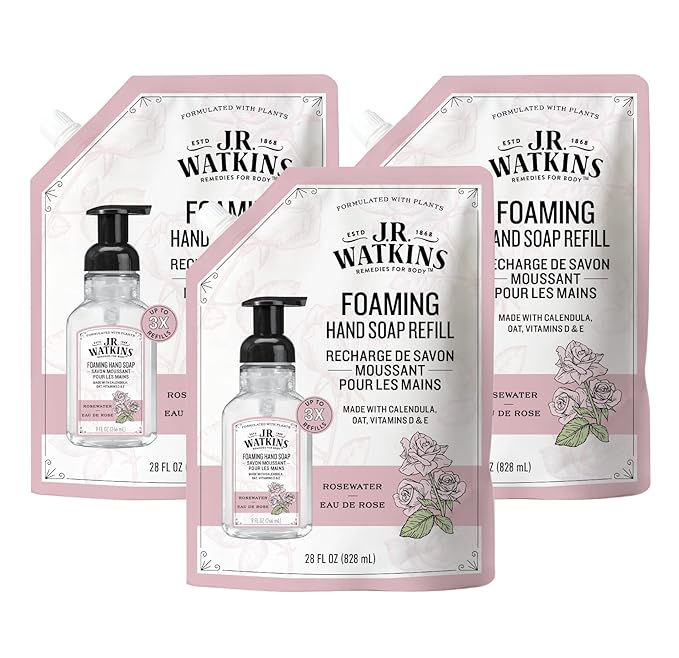 J.R. Watkins Foaming Hand Soap Refills, All Natural, Alcohol-Free Hand Wash, Cruelty-Free, Moisturizing Soap Refill for Bathroom or Kitchen, Rosewater, 28 fl oz Foam Refill, 3 Pack