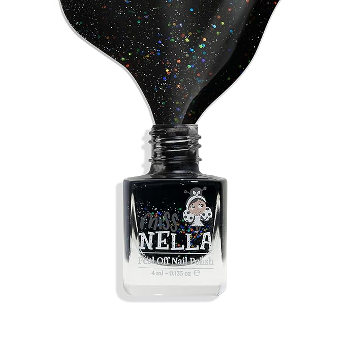 Miss Nella PARTY COLLECTION Glitter Nail Polish for kids, set of 4: black, clear, blue & coral Peel-off varnish for toddlers