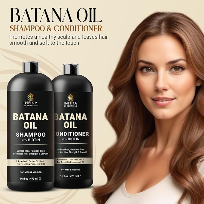 Batana Oil Shampoo and Conditioner Set - Biotin & Tea Tree Oil for Hair Growth & Thickness - Moisturizing & Nourishing Shampoo for Thinning Hair for Men & Women - 16 fl oz Each