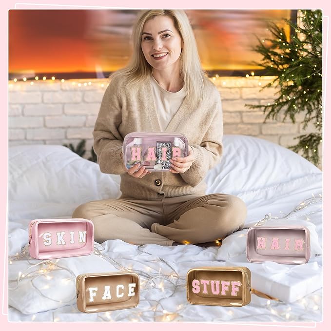 Pinkunn 4 Pcs Preppy Makeup Bags Christmas Chenille Letter Bag Face Skin Hair Stuff Cosmetic Bag Corduroy Makeup Pouch with Zipper Birthday Gifts for Women(Pink)