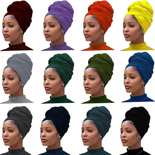 12 Pieces Head Wrap Scarf Stretch Jersey Turban Extra Long Ultra Soft Urban Headwraps for Women Solid Color African Headwear Headband Tie Wholesale Set 03