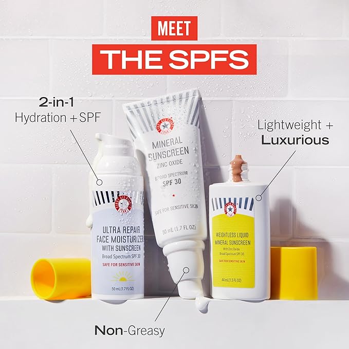 First Aid Beauty - Weightless Liquid Mineral Sunscreen with Zinc Oxide Broad Spectrum SPF 30, Luxuriously Light Ultra Sheer Tint for Everyday Use, Non-comedogenic, Safe for Sensitive Skin, 1.5 oz