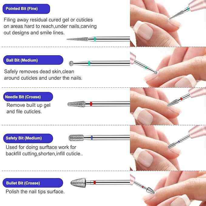 30Pcs Nail Drill Bits Set with Rhinestone Storage Box, 3/32 Inch Ceramic Diamond Carbide Nail Drill Bits for Acrylic Gel Polish, Cuticle Efile Remover for Manicure (Deep Blue)