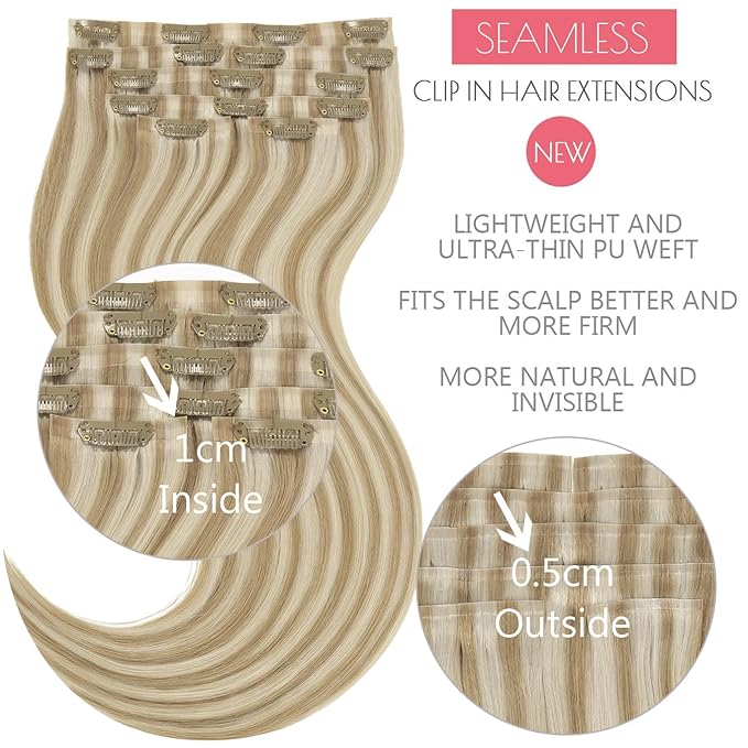 Loxxy Seamless Clip in Hair Extensions Real Human Hair Highlights Ash Blonde Clip in Hair Extensions Invisible PU Skin Weft Clip ins Double Weft 16Inch 6Pcs 110Gram