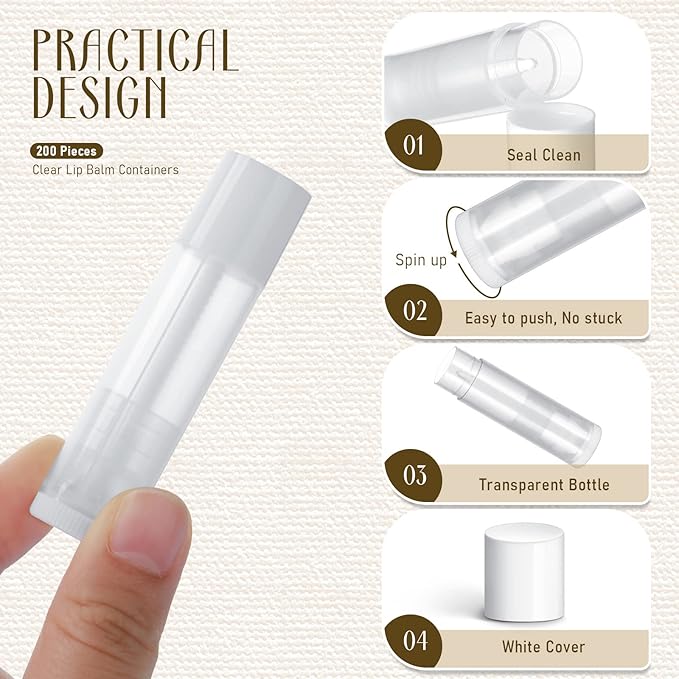 Nuanchu 200 Pcs Lip Balm Tubes Empty Lip Gloss Tubes Bulk Women 0.186 Oz/ 5.5 ml Lip Gloss Container Kit Clear PVC Lip Containers with Caps for DIY(White, Clear)