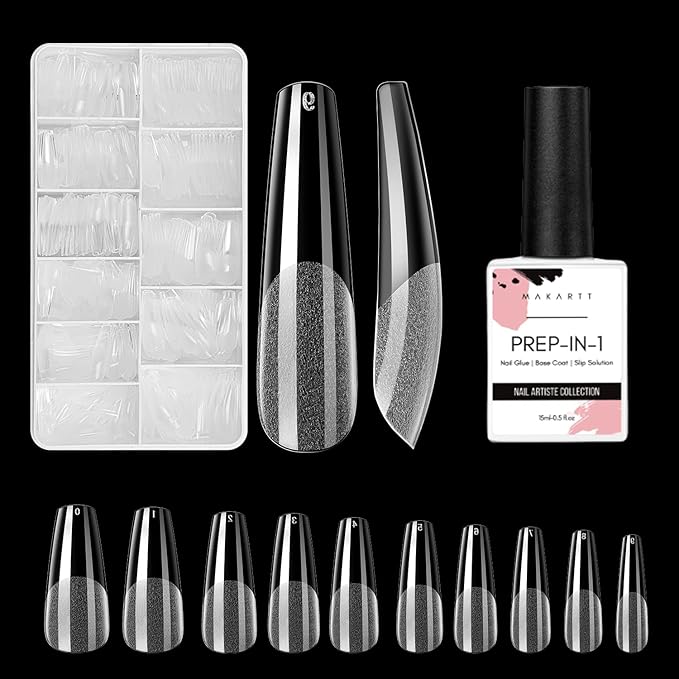 Makartt Gel X Nails Kit 500Pc Soft Gel Full Cover Tips, Medium Coffin Clear Tips Bundle with UV Nail Glue 15ML, 3-in-1 Base Coat & Slip Solution