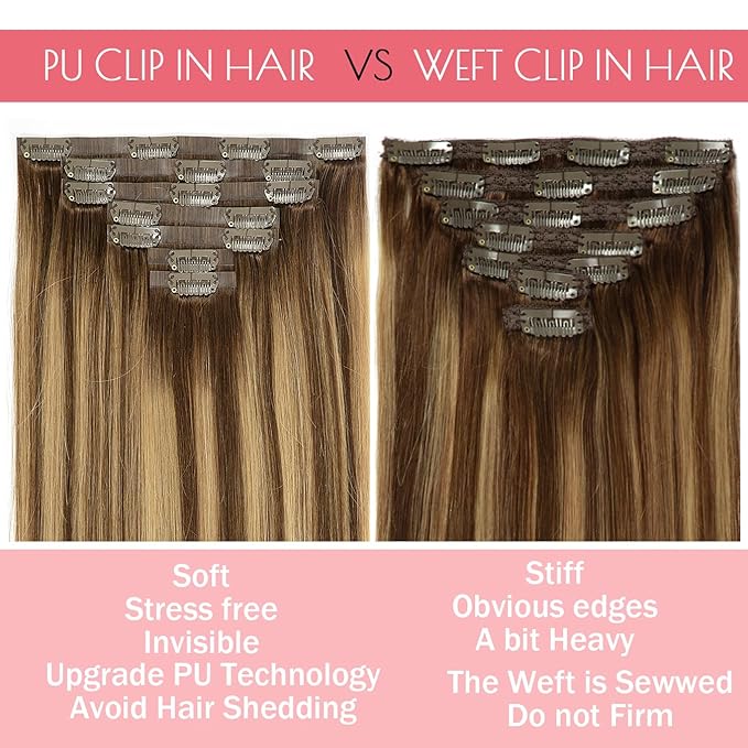 Seamless Clip in Remy Hair Extensions Human Hair Invisible PU Skin Weft Ombre Chocolate Brown to Caramel Blonde With Brown Roots Clip in Hair Extensions Thick Natural Hair 18inch 110gram 7pcs #R4-4/27